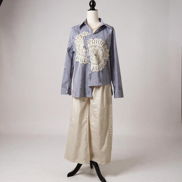 Blue Striped Women's Top with White Crochet Detail - Picture 4 of 4